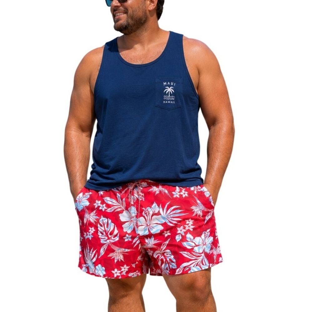 Speedo XXL Red Hawaiian Floral Swim Trunks Board Shorts Tropical